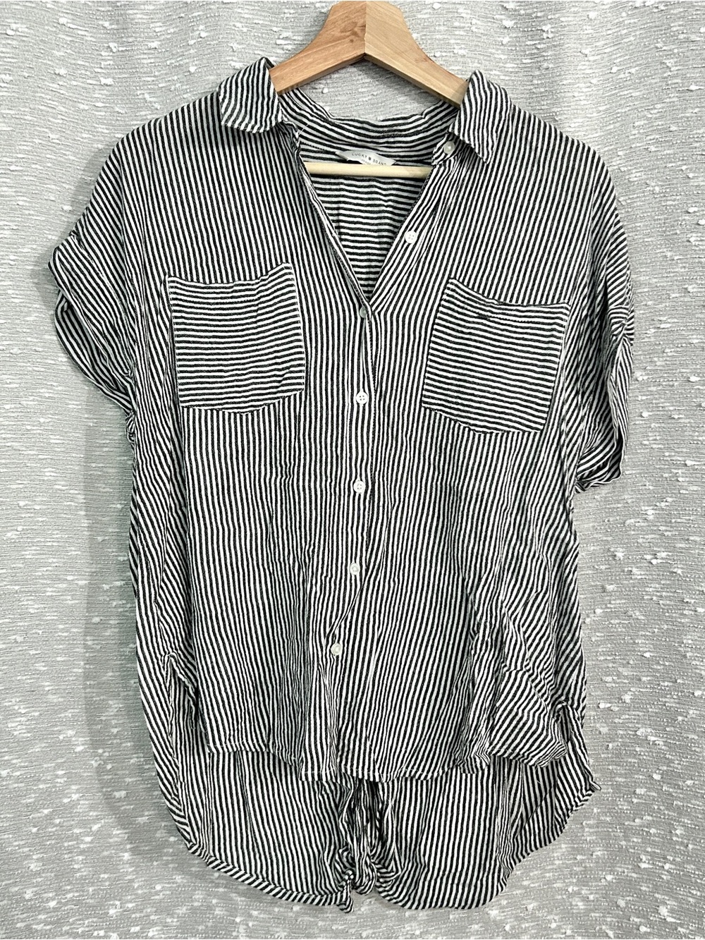 Women’s Lucky Brand Blue and White Striped Short Sleeve Button Down Shirt